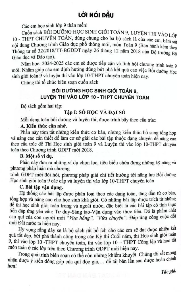 BỒI DƯỠNG HỌC SINH GIỎI TOÁN LỚP 9, LUYỆN THI VÀO LỚP 10 THPT CHUYÊN TOÁN - TẬP 1: Số học - tổ hợp, Nguyên lý và Đại số (Dùng chung cho các bộ SGK hiện hành)